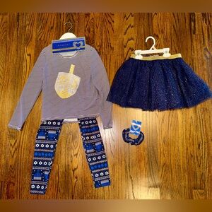 Kids Hanukkah Outfit Striped Top Blue Skirt size 7 leggings scrunchie dreidel
